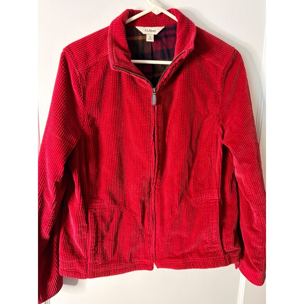 LL Bean Womens Red Corduroy Full Zip Jacket Plaid Flannel Lined Size M Regular